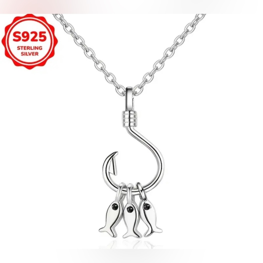 S925 Sterling Silver Fish On Hook Necklace